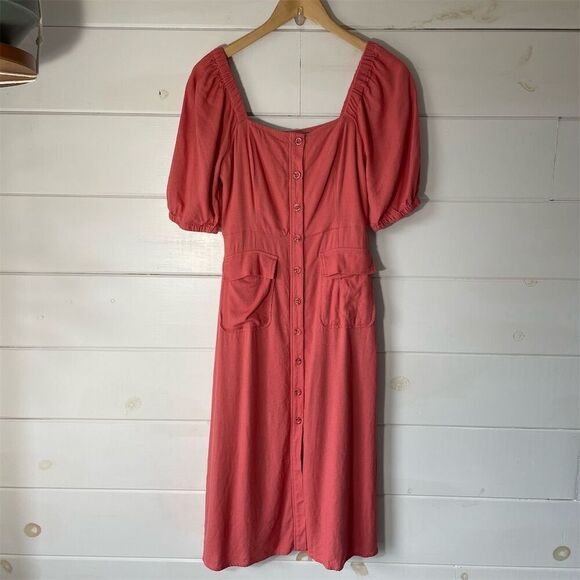 BCBGMAXAZRIA Fit and Flare Safari Midi Dress Salmon Pink Size 4‎ Puff Sleeves - Picture 2 of 9